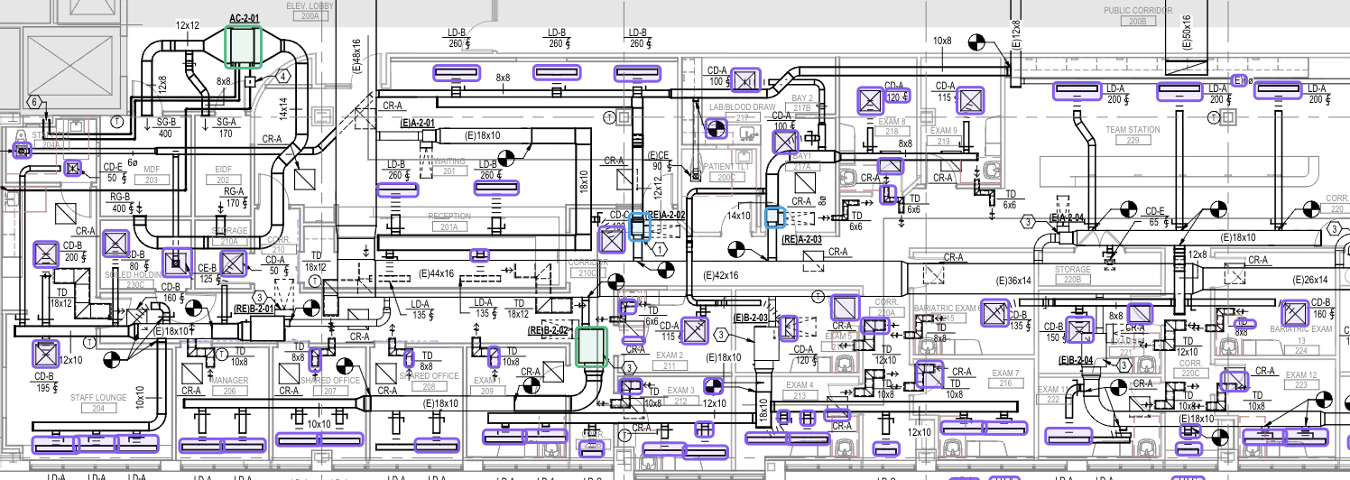 AI detecting and tagging HVAC equipment on a mechanical floor plan